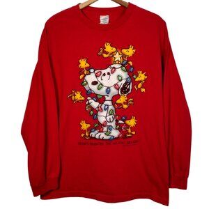 Peanuts Snoopy And Woodstock Shirt Large Red Chrsitmas Lights Holiday Long Slv